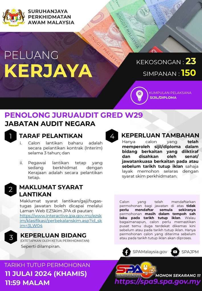 Penolong Juruaudit Gred W29 Jabatan Audit Negara 2024