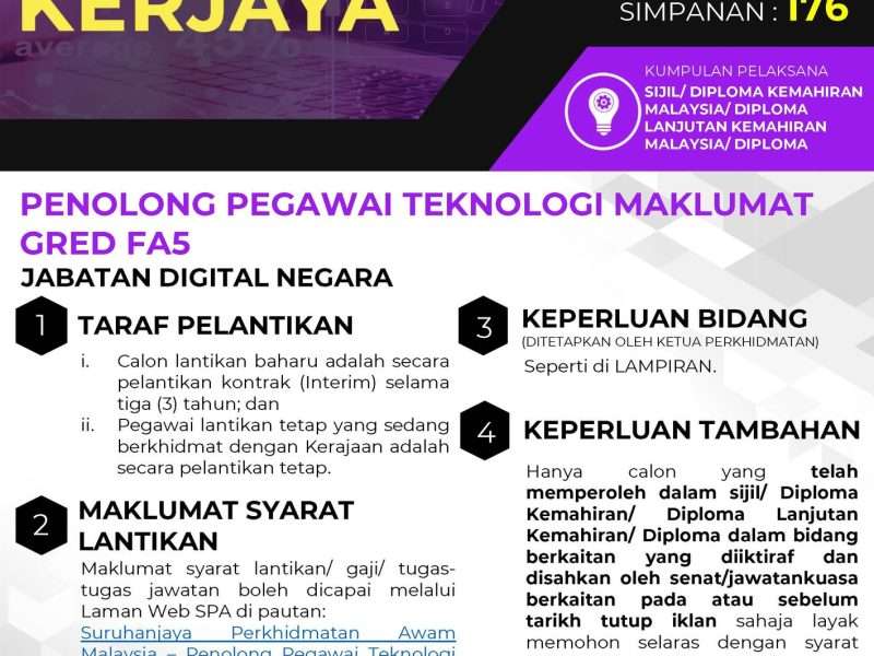 Penolong Pegawai Teknologi Maklumat Gred FA5 2024